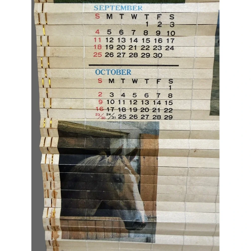 Vintage 1988-1989 Bamboo Slatted Double-Sided HORSE Calendar Roll 31.5